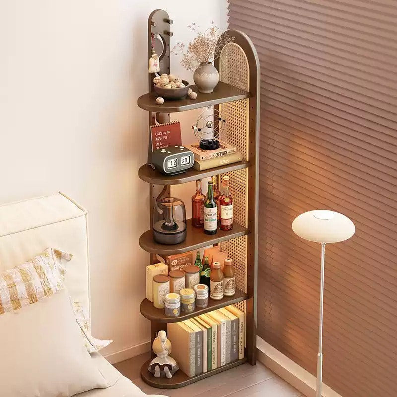 Solid Wood Rattan Corner Bookshelf, 5-Tier Corner Shelf Storage Rack, Freestanding Narrow Bookcase Display Organizer for Living Room Bedroom Small Spaces
