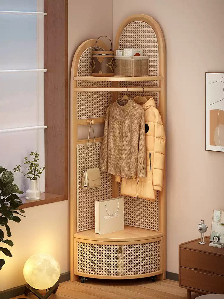 Solid Wood Rattan Corner Cabinet, 4-Tier Triangle Corner Shelf, Freestanding Rattan Bookshelf Storage Display Rack for Living Room Bedroom Office