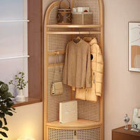 Solid Wood Rattan Corner Cabinet, 4-Tier Triangle Corner Shelf, Freestanding Rattan Bookshelf Storage Display Rack for Living Room Bedroom Office
