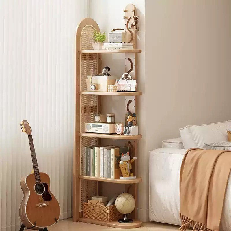 Solid Wood Rattan Corner Bookshelf, 5-Tier Corner Shelf Storage Rack, Freestanding Narrow Bookcase Display Organizer for Living Room Bedroom Small Spaces