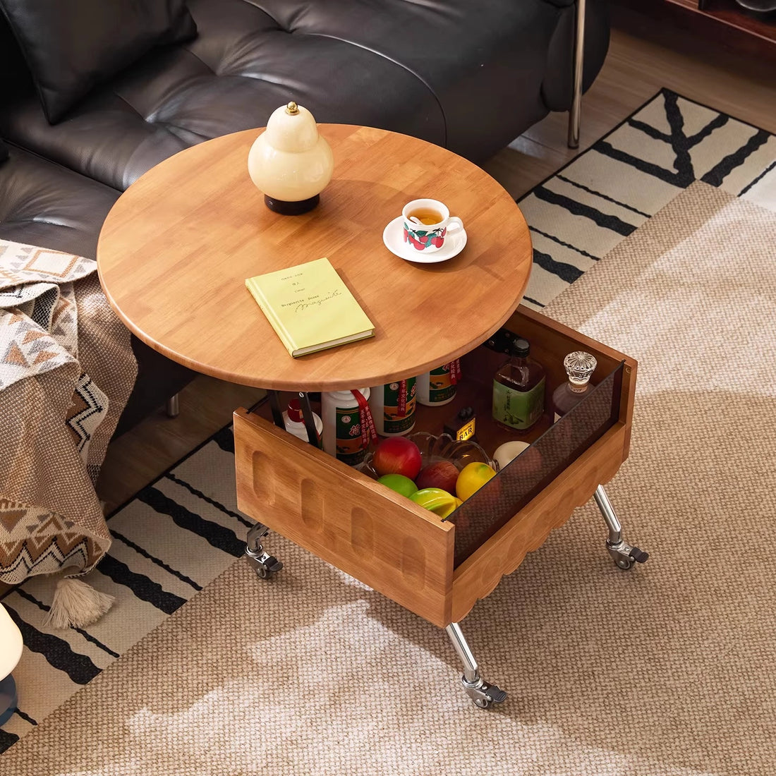 Round Lift Top Coffee Table with Storage and Wheels, Adjustable Height Solid Wood Living Room Table