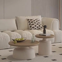 50+70cm Cream & Wood Round Coffee Table – Modern Pedestal Cocktail Table with Carbon Steel Base, Nordic Minimalist Center Table for Living Room