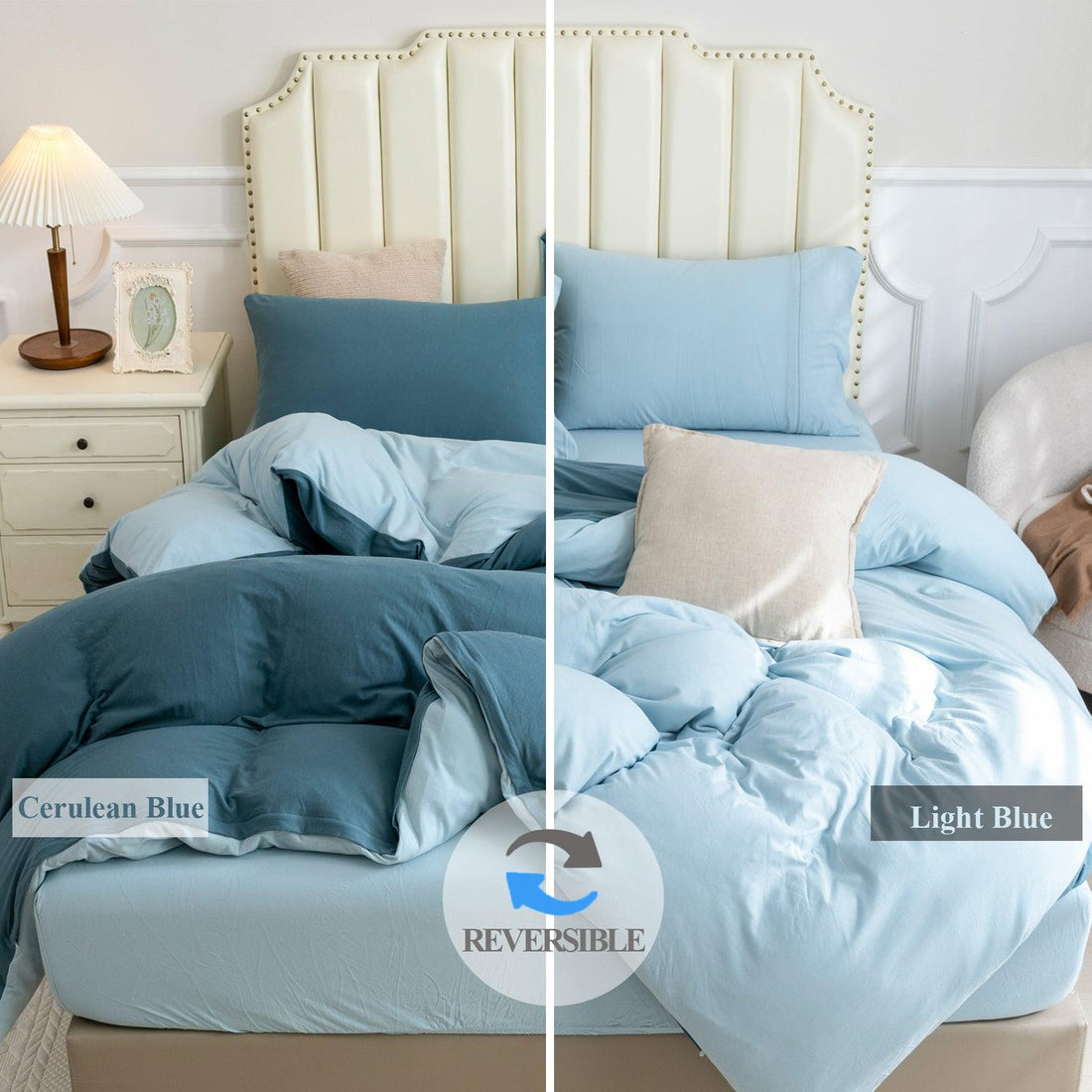 Pure Era - Jersey Duvet Cover Set - Reversible Solid Cerulean Blue& Light Blue