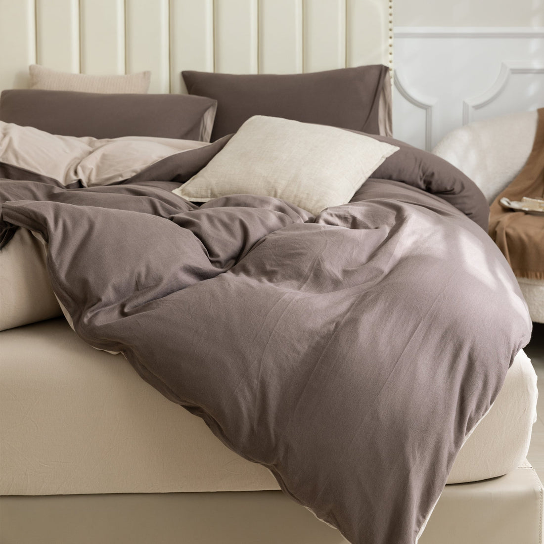 Pure Era - Jersey Duvet Cover Set - Reversible Solid Brown& Tan