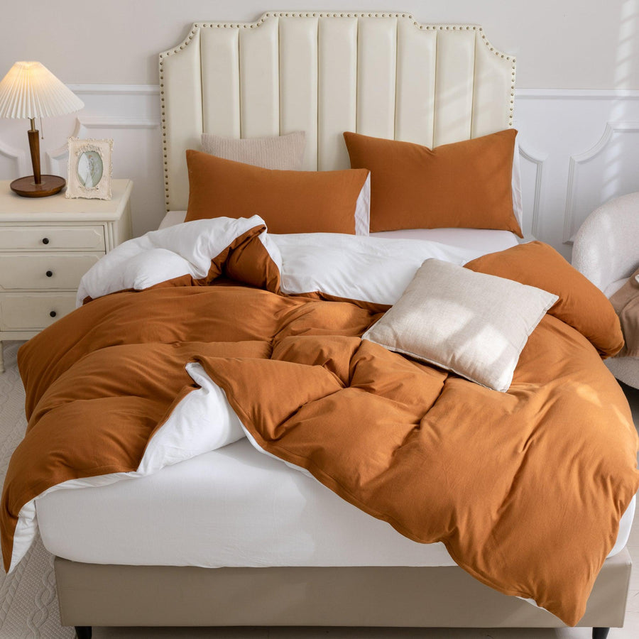 Pure Era - Jersey Duvet Cover Set - Reversible Solid Burnt Orange& Off White