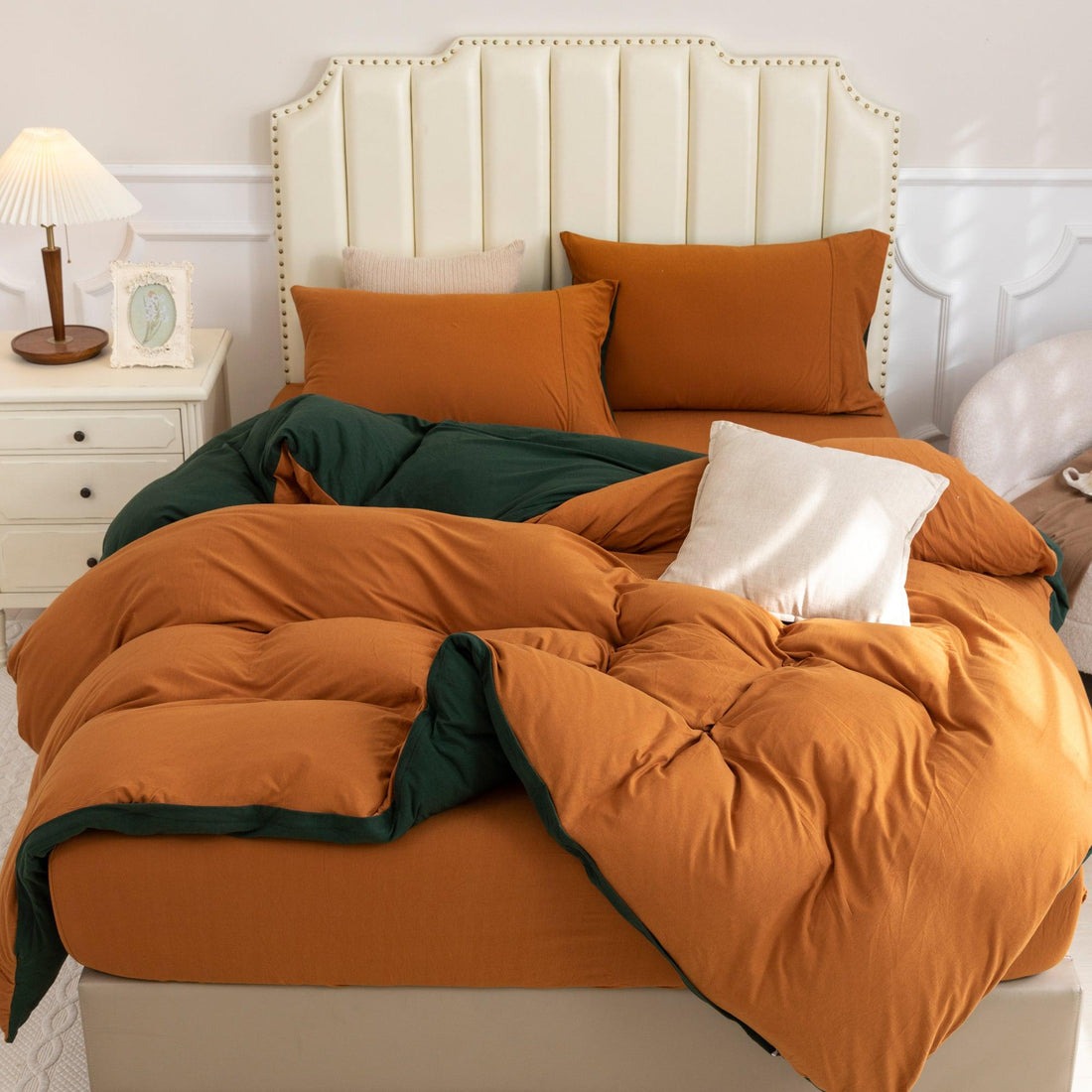 Pure Era - Jersey Duvet Cover Set - Reversible Solid Forest Green& Burnt Orange