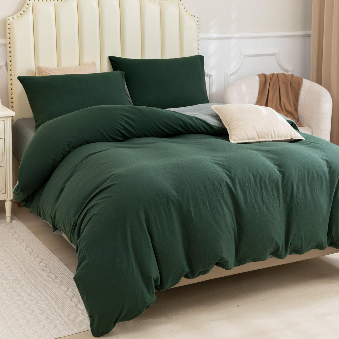 Pure Era - Jersey Duvet Cover Set - Reversible Solid Forest Green/Dark Gray