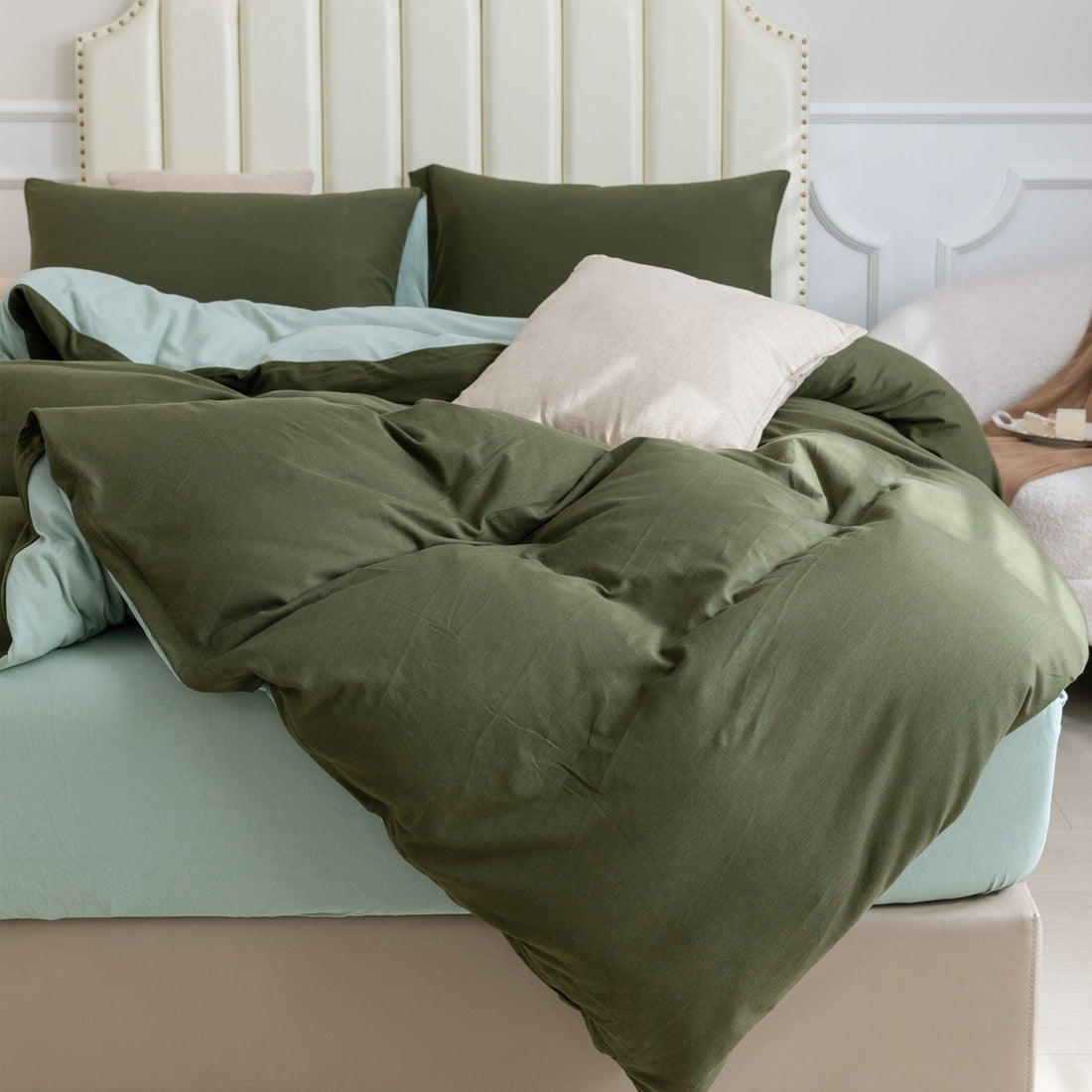 Pure Era - Jersey Duvet Cover Set - Reversible Solid Olive Green/Sage Green