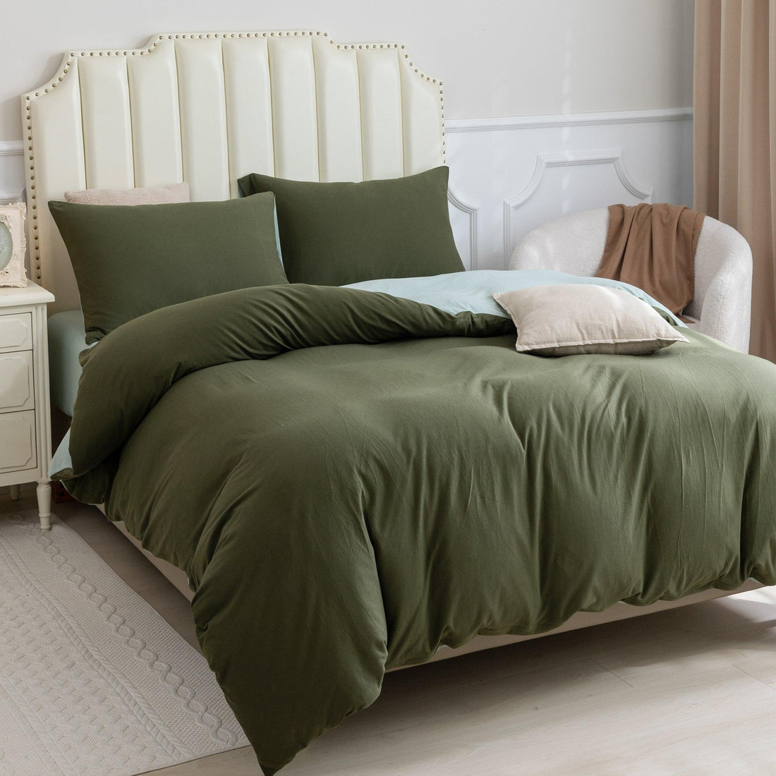 Pure Era - Jersey Duvet Cover Set - Reversible Solid Olive Green/Sage Green