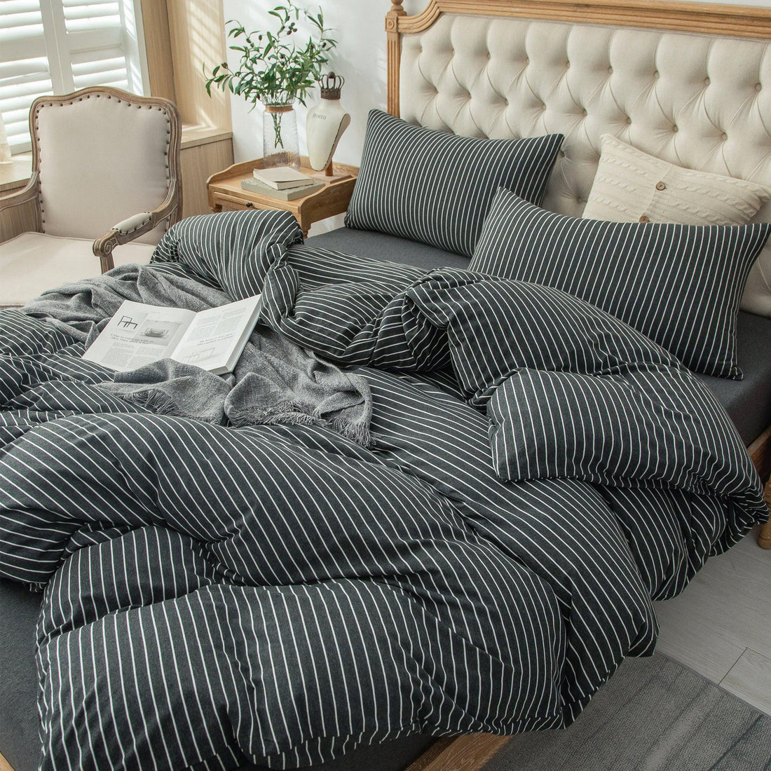 Jersey Duvet Cover Set - Striped Black& White Pinstripe