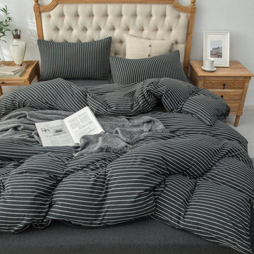 Pure Era -Jersey Duvet Cover Set - Reversible Striped Black& White Pinstripe