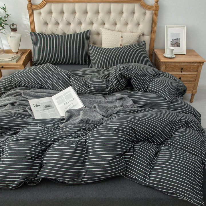 Pure Era -Jersey Duvet Cover Set - Reversible Striped Black& White Pinstripe