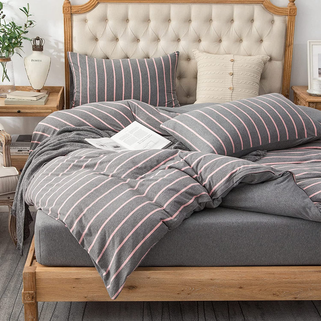Pure Era - Jersey Duvet Cover Set - Reversible Striped Dark Gray& Pink Wide-stripe