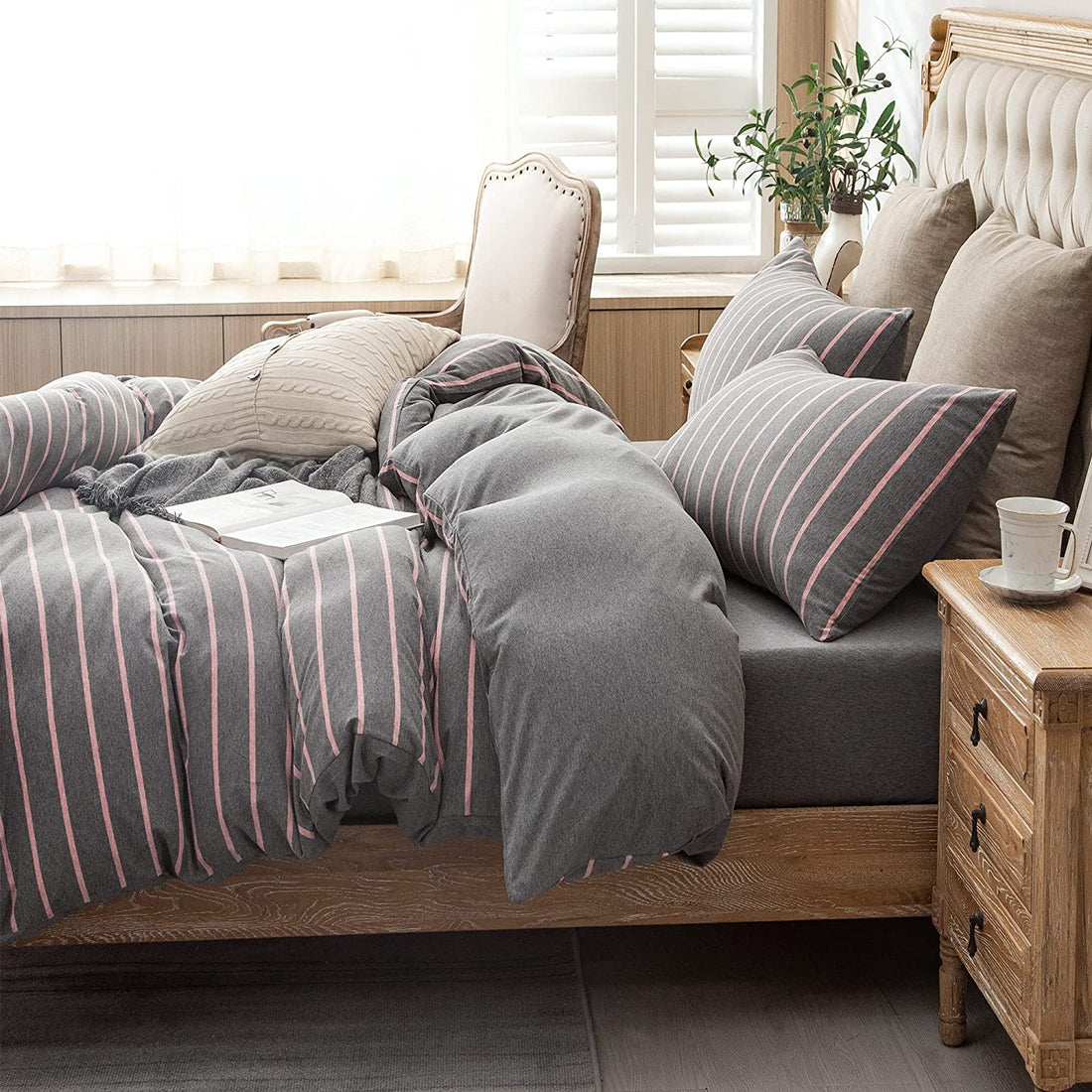 Pure Era - Jersey Duvet Cover Set - Reversible Striped Dark Gray& Pink Wide-stripe