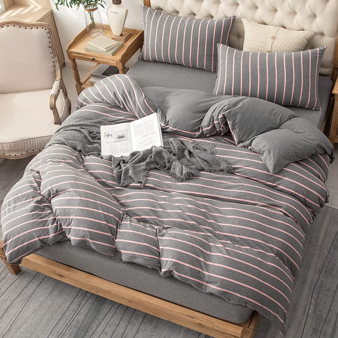 Pure Era - Jersey Duvet Cover Set - Reversible Striped Dark Gray& Pink Wide-stripe