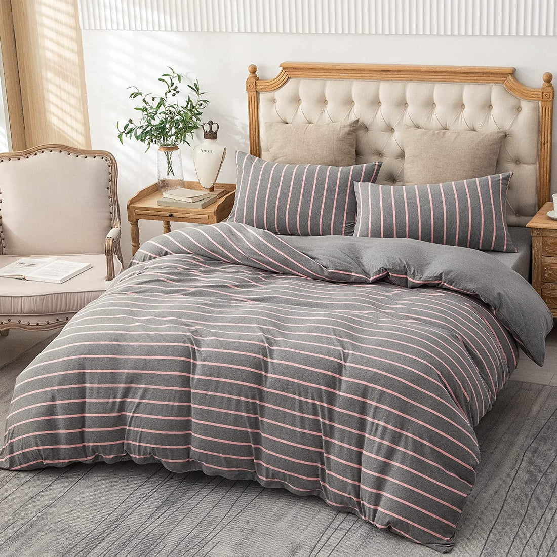 Pure Era - Jersey Duvet Cover Set - Reversible Striped Dark Gray& Pink Wide-stripe