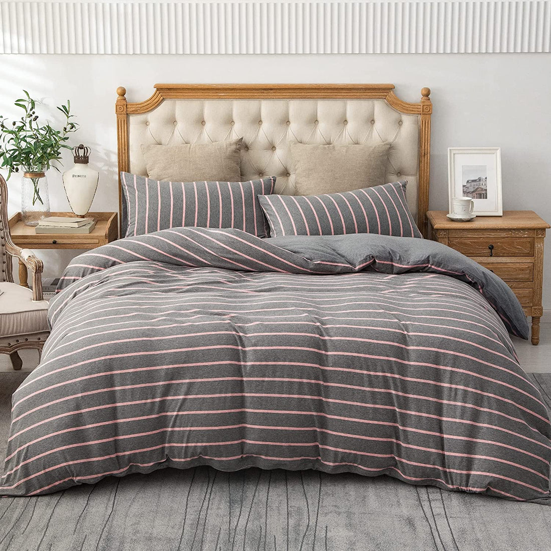 Pure Era - Jersey Duvet Cover Set - Reversible Striped Dark Gray& Pink Wide-stripe