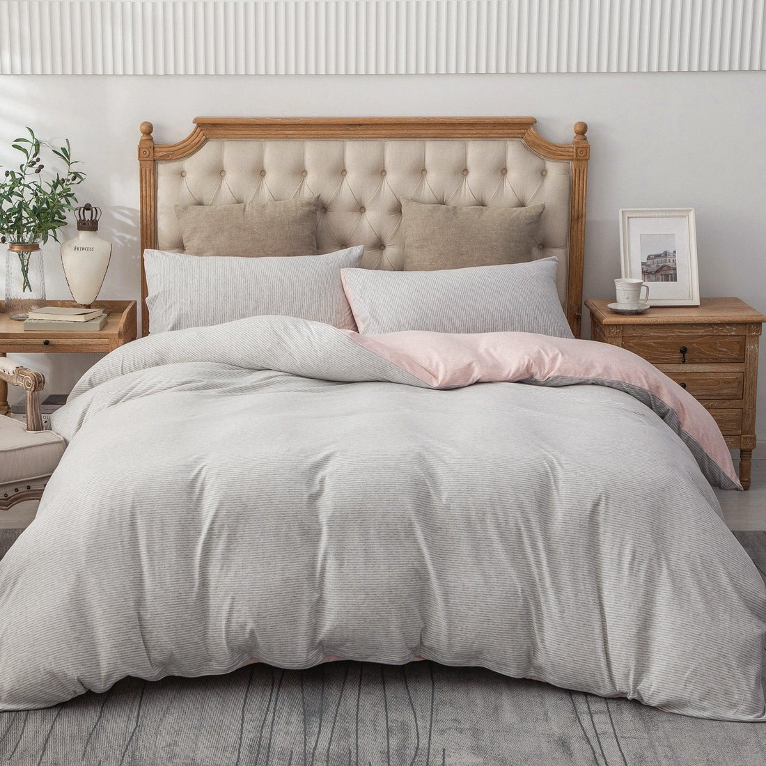 Pure Era - Jersey Duvet Cover Set - Reversible Striped Pink& Gray