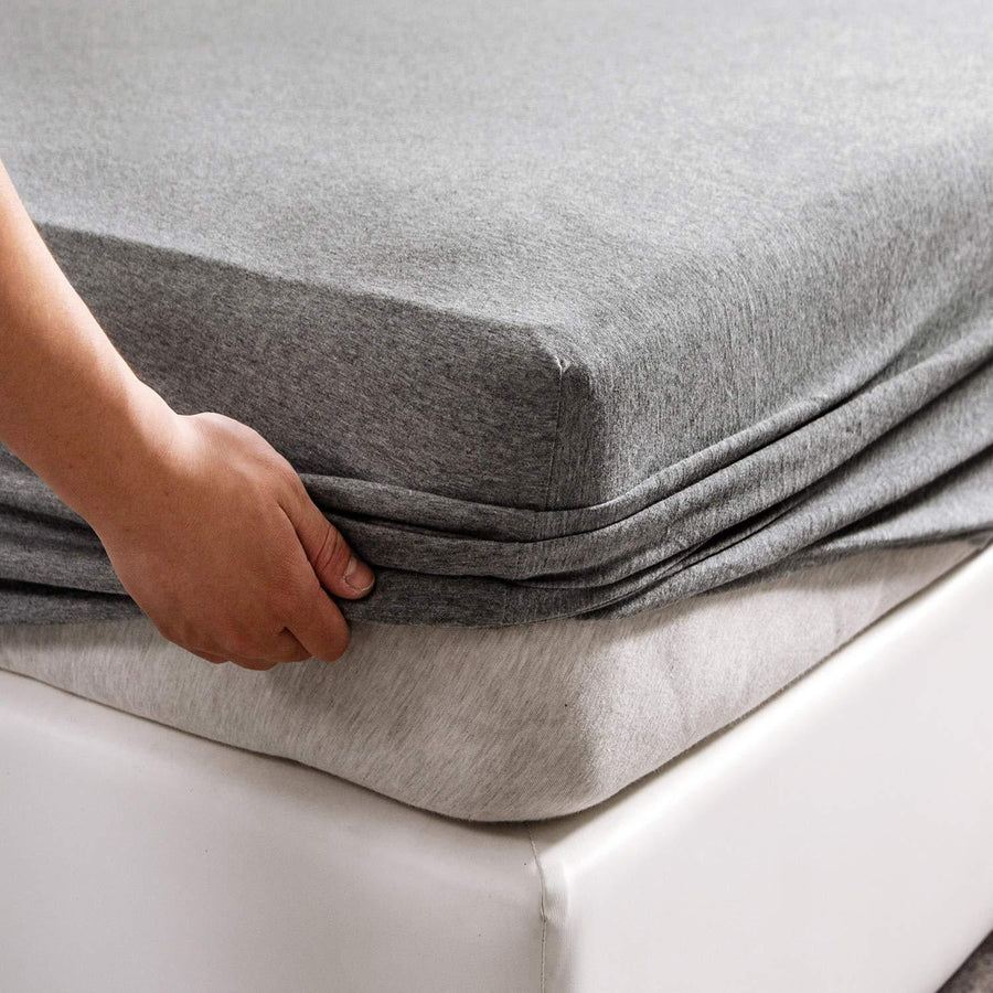 Pure Era - 100% T-shirt Cotton Jersey Fitted Bottom Sheet  Extra Deep Pocket - Heathered Dark Gray